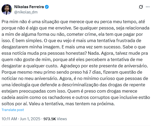Veja a postagem de Nikolas sobre o caso – Foto: Nikolas Ferreira/@nikolas_dm/X/Reprodu&ccedil;&atilde;o