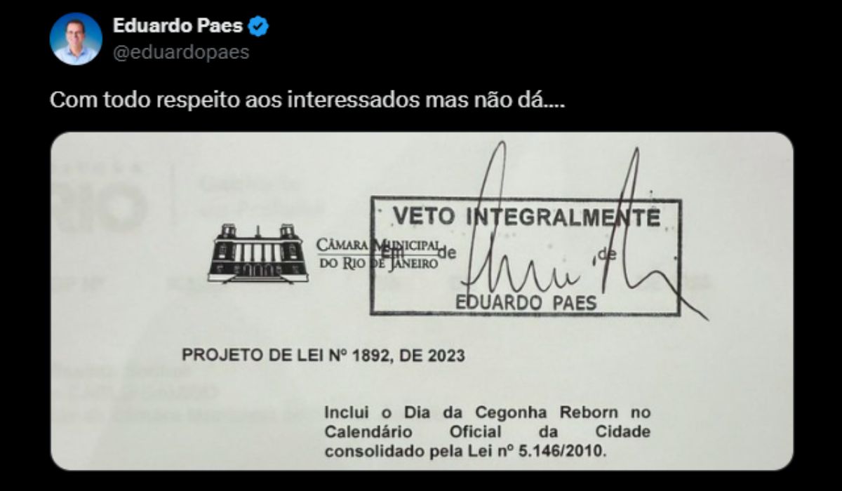 Publicação no X de Eduardo Paes vetando projeto do "Dia da Cegonha Reborn"