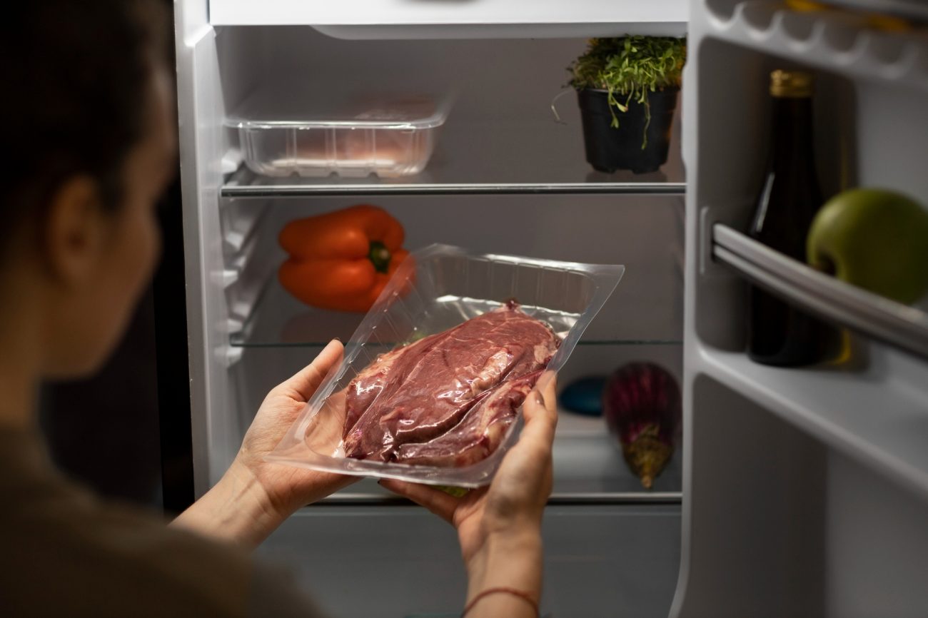 na foto uma pessoa está com uma bandeja de carne para churrasco colocando na geladeira
