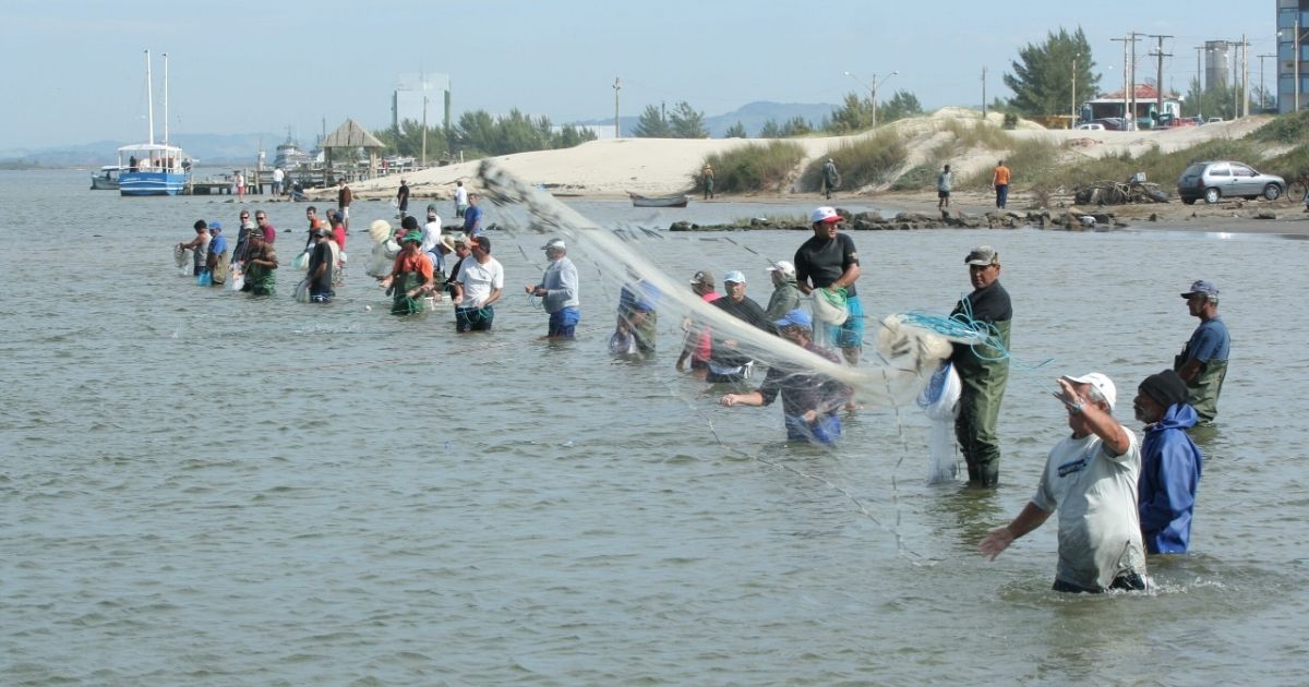 Imagens de vários pescadores pescando, para ilustrar comi a pesca com os botos ajudam na economia local 