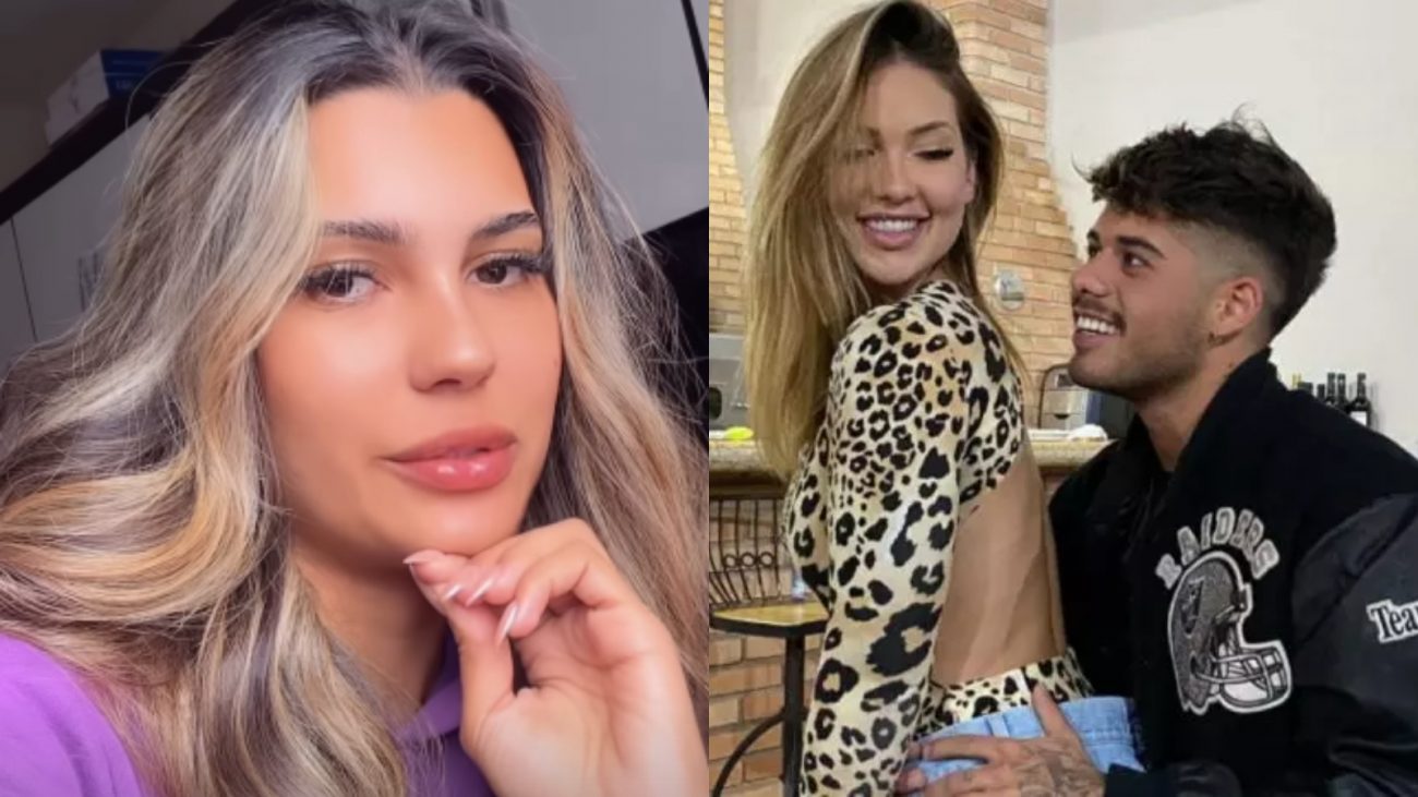 Mulher apontada como pivô da separação de Virginia e Zé Felipe e Virginia sentada em colo de Zé Felipe