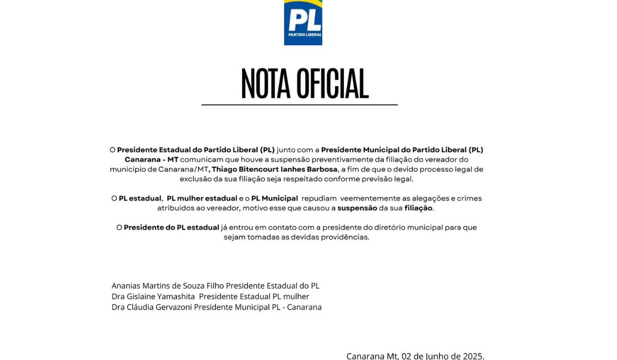 Nota da suspens&atilde;o do vereador suspeito de manter adolescente como escrava sexual – Foto: PL/Reprodu&ccedil;&atilde;o/ND