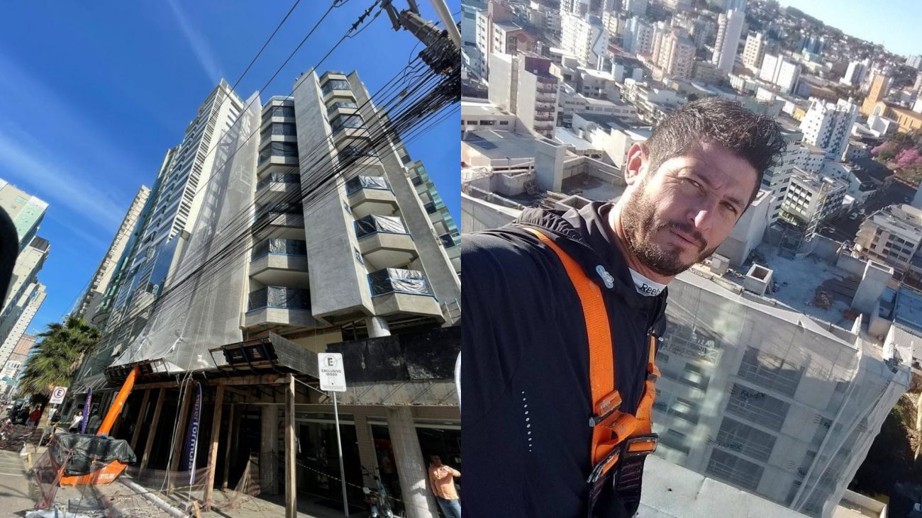 Foto mostra trabalhador que caiu do prédio ao lado de foto do edifício onde aconteceu a tragédia