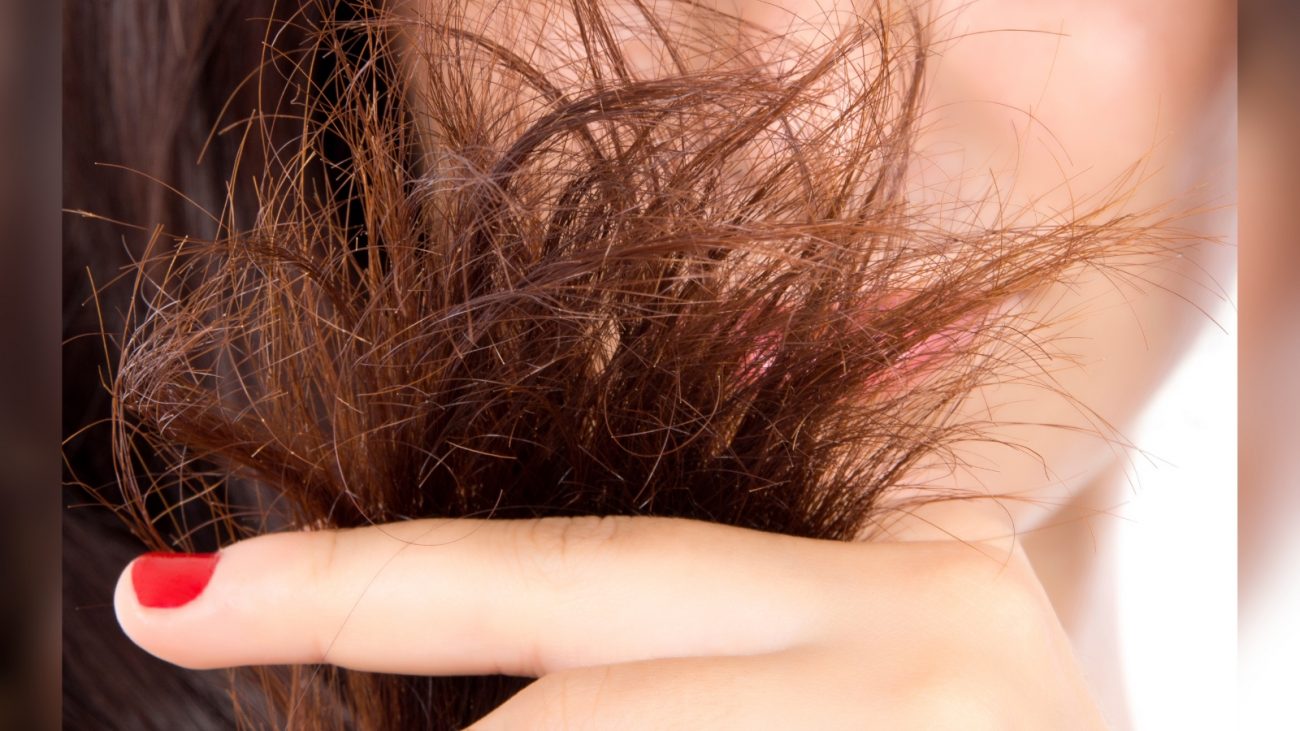 Pessoa segurando cabelo com pontas secas e finas