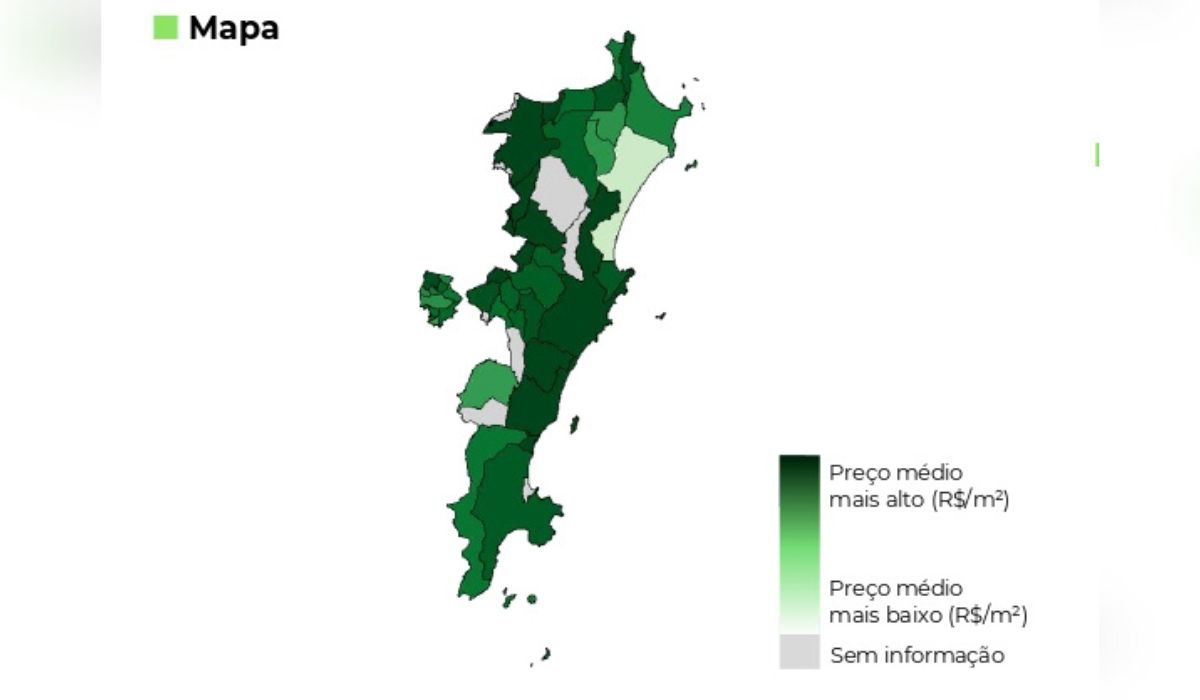 Mapa mostra regi&otilde;es onde o pre&ccedil;o dos im&oacute;veis &eacute; mais alto – Foto: FipeZap/Divulga&ccedil;&atilde;o/ND