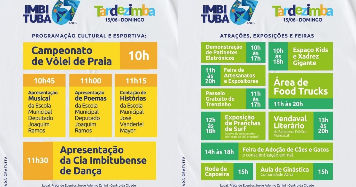 Evento terá programação cultural e esportiva - Prefeitura de Imbituba/@prefimbituba/Instagram