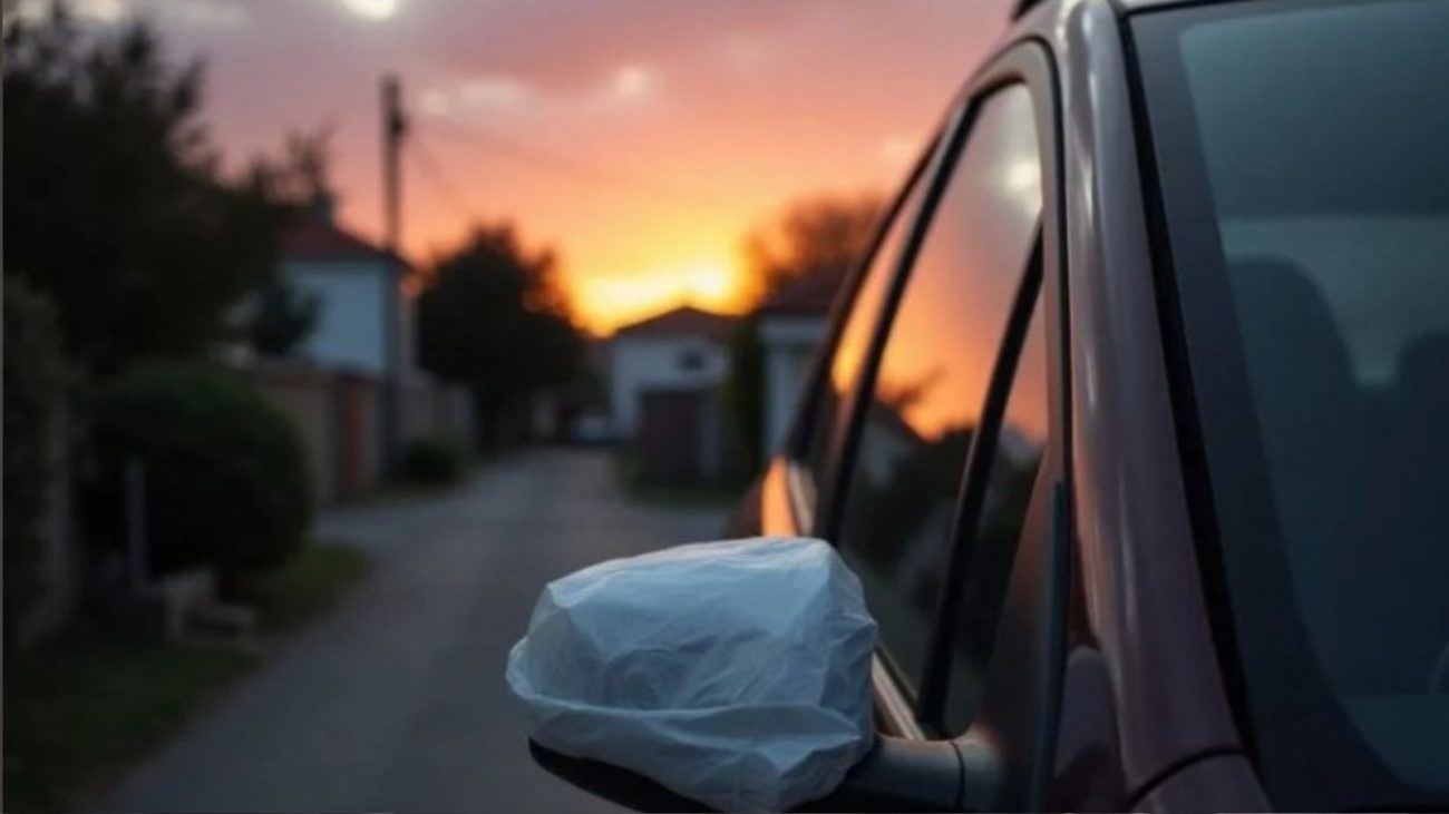 na foto aparece um saco plástico no retrovisor que evita fezes de animais 