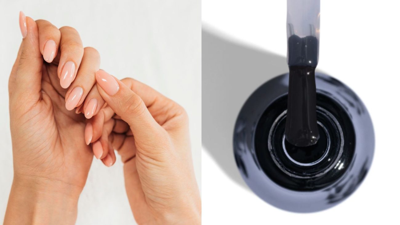 Unhas feitas com esmalte nude em mãos bem cuidadas, ao lado de uma garrafinha de esmalte preto, com destaque para a aplicação do esmalte com efeito gel.