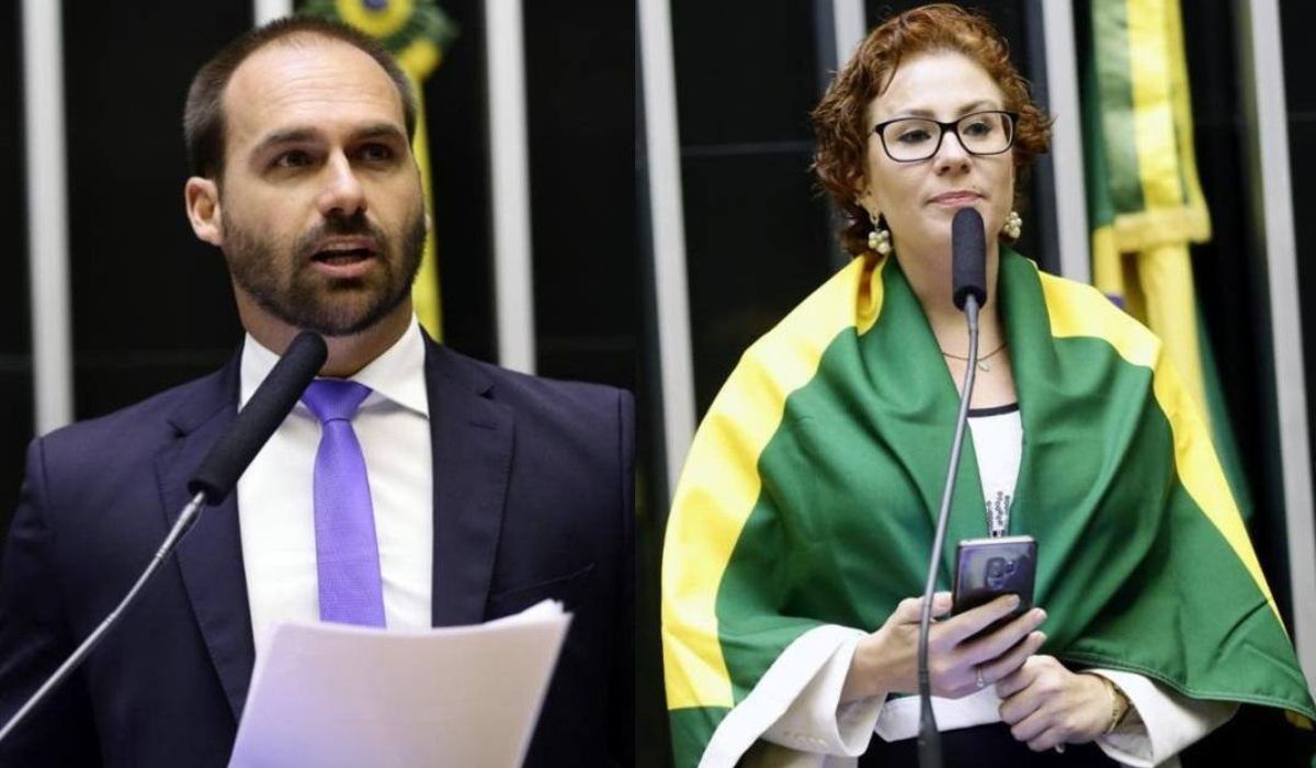 Seguindo o exemplo de Eduardo Bolsonaro, Carla Zambelli fora do Brasil pretende se afastar do cargo sem receber sal&aacute;rio – Foto: Montagem/Michel Jesus-C&acirc;mara dos Deputados
