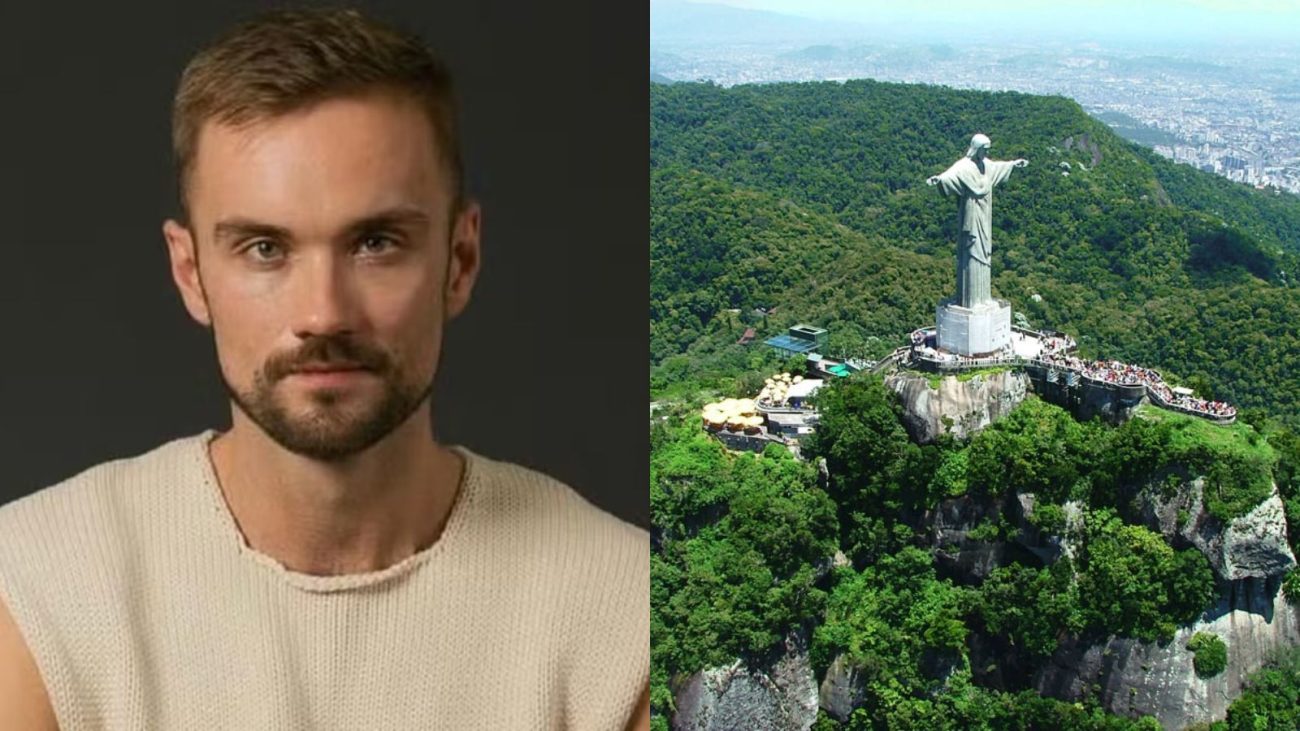 Imagem mostra uma montagem de fotos, onde na primeira aparece Denis Kopanev, o turista russo desaparecido no Rio de Janeiro, com uma roupa clara, num fundo escuro. Ao lado aparece uma imagem de Floresta da Tijuca com o Cristo Redentor no meio.