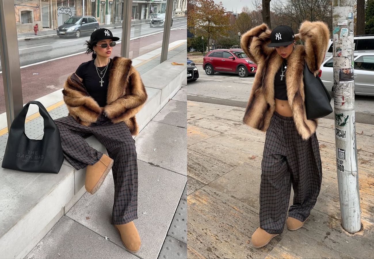 Influencer usando a bota pantufa na rua 