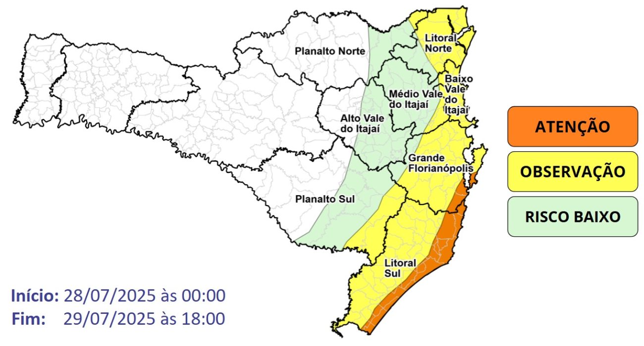 Regiões em alerta para o ciclone em alto mar que contribui para frio intenso em SC &#8211; Foto: Reprodução/ND