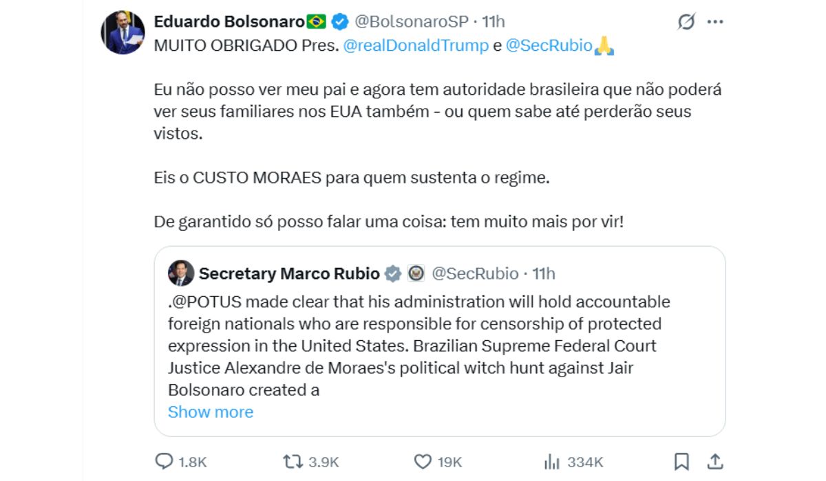 EUA barram Moraes e aliados, e decisão gera forte reação de Eduardo Bolsonaro. – Foto: Reprodução/ND