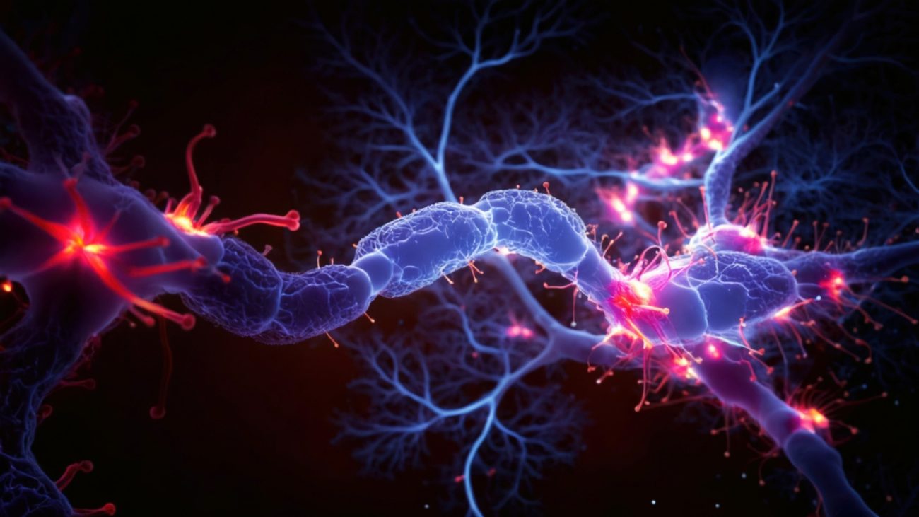 Imagem de células nervosas conectadas e transmitindo sinais elétricos, representando o funcionamento do sistema nervoso.
