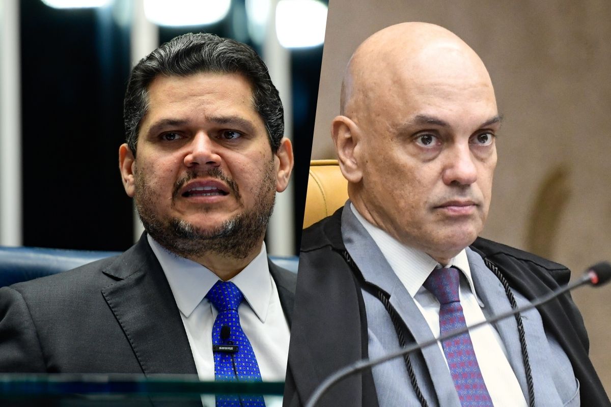 Infográfico mostrando o prédio do Congresso Nacional e o STF com uma linha de tensão entre Davi Alcolumbre e André Mendonça.