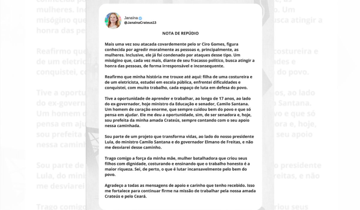 Ciro gomes acusa petistas: prefeita se manifestou sobre as palavras pela rede social – Foto: Instagram/Reprodução
