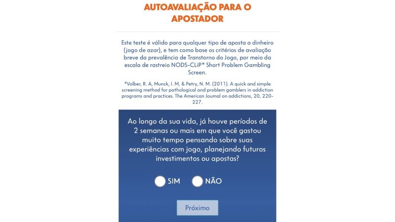 Preencha o formulário de autoavaliação para apostadores, respondendo às três perguntas solicitadas - Caixa/ND