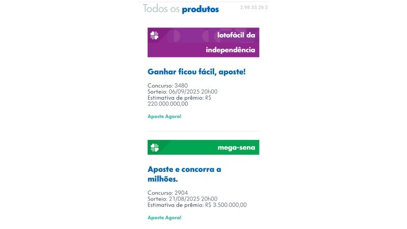 Em seguida, escolha a modalidade de loteria em que deseja apostar - Caixa/ND