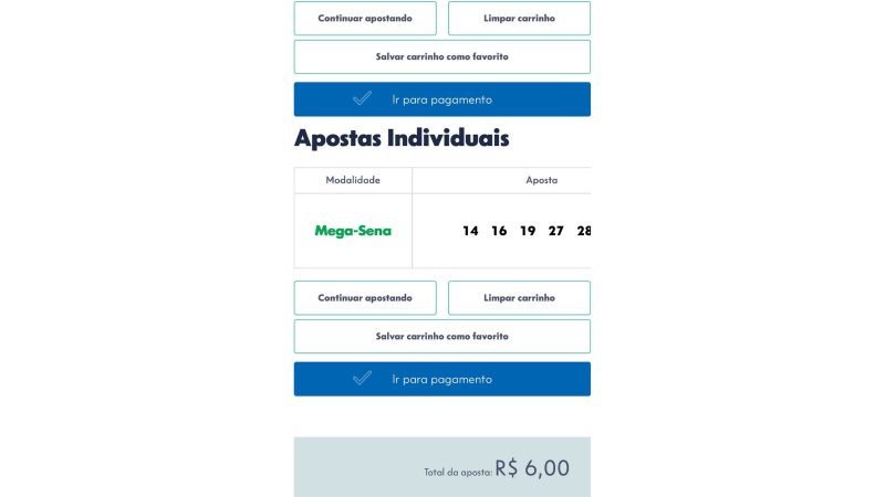 Confira os jogos selecionados e siga para a tela de pagamento - Caixa/ND