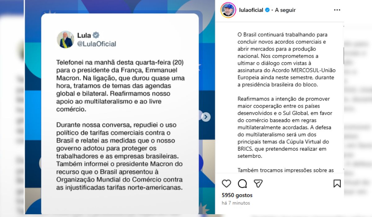 Macron na COP 30: Lula conversa com presidente da França e dentre outros assuntos, confirma a vinda ao Brasil – Foto: Instagram/Reprodução/ND