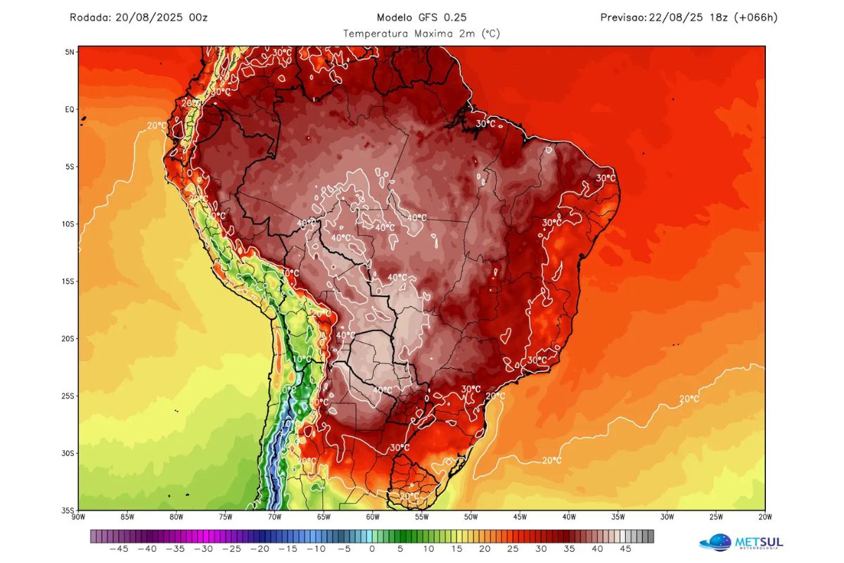 Santa Catarina terá calor fora de época seguido por frente fria e mar agitado 1 Massa de ar quente e seco predomina até sábado e frente fria traz alívio para o “calorão” no domingo – Foto: Reprodução/MetSul Meteorologia/ND