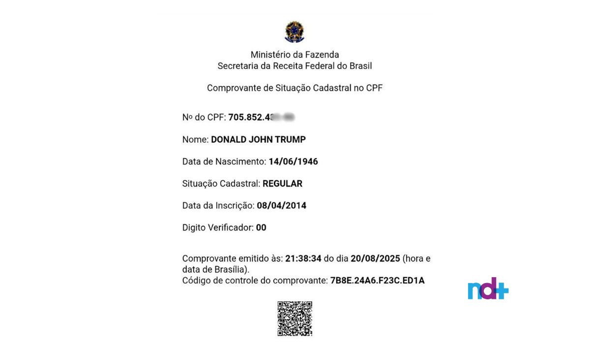 Origem do documento em nome do presidente dos EUA foi confirmado em consulta à Receita Federal – Foto: Reprodução/ND