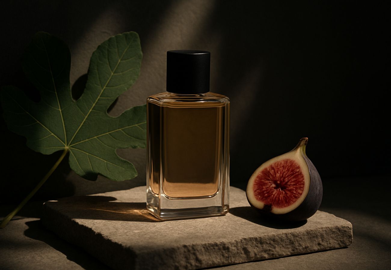 Imagem ilustrativa de um perfume de figo ao lado da fruta e folhas da fruta 