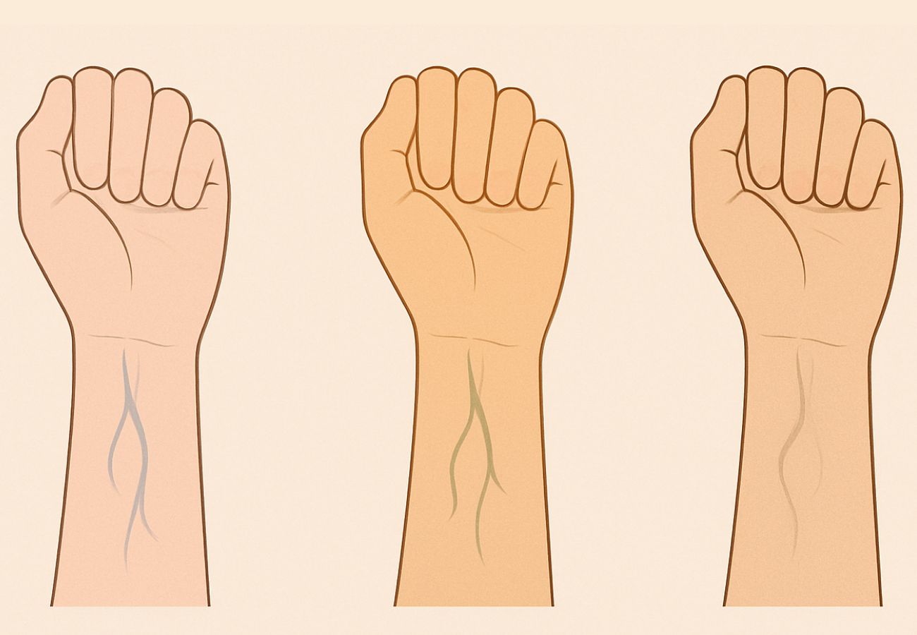 A imagem mostra três pulsos com diferentes subtons de pele. À esquerda, o subtom frio, com veias azuladas e fundo rosado ou azulado na pele. No centro, o subtom quente, com veias esverdeadas e fundo de pele mais amarelado, dourado ou pêssego. À direita, o subtom neutro, que mistura características dos dois anteriores, com veias menos definidas e um tom de pele equilibrado. Essa distinção ajuda a identificar quais cores de roupas e maquiagens harmonizam melhor com cada pessoa