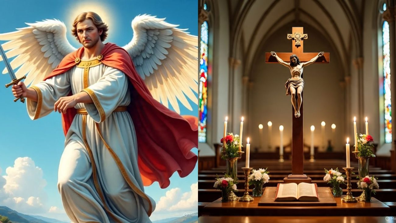Imagem mostra uma colagem de fotos com a imagem de São Miguel Arcanjo e de uma cruz de Jesus Cristo no altar de uma igreja para simbolizar a Quaresma de São Miguel Arcanjo. 