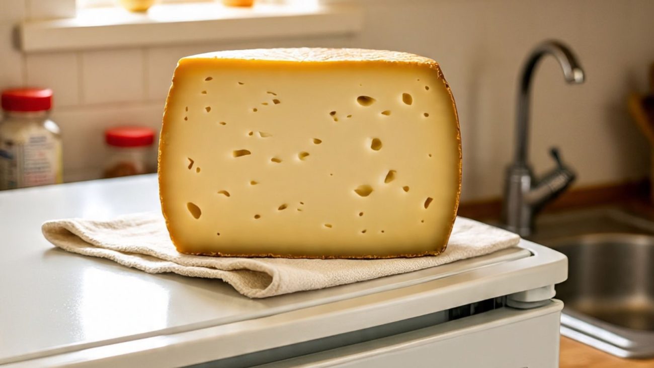 Imagem gerada por IA de um queijo fora da geladeira. 