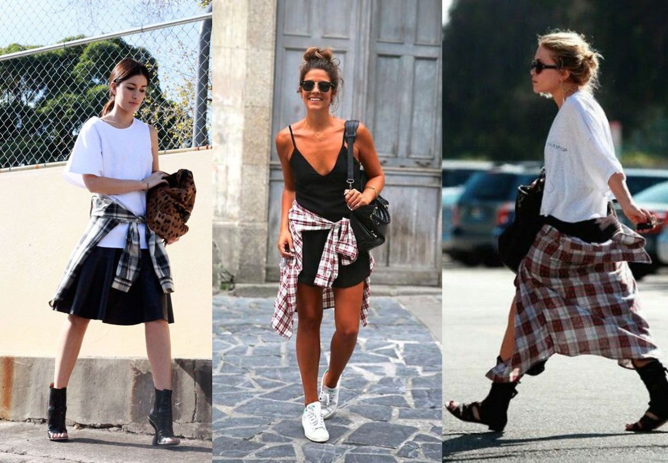 Modelos usando camisa xadrez amarrada na cintura para melhorar o look 