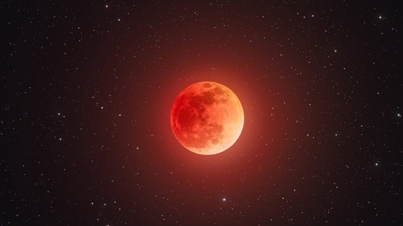 Eclipse lunar total com Lua de Sangue em céu estrelado