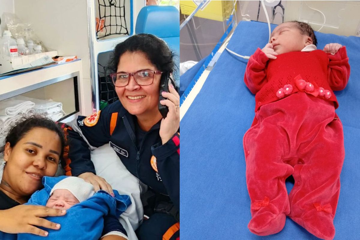 Na foto o momento em que o bebê nasce em ambulância em SC