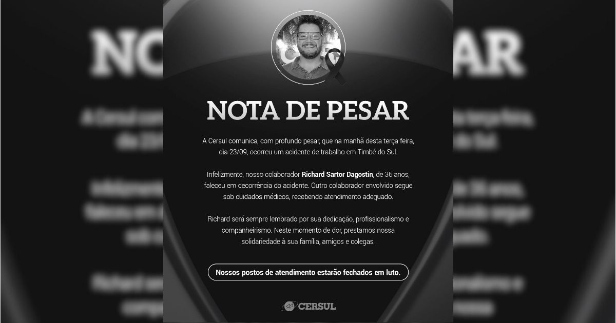 NOTA DE PESAR PELA MORTE DO Trabalhador de Cooperativa em Timbé do Sul