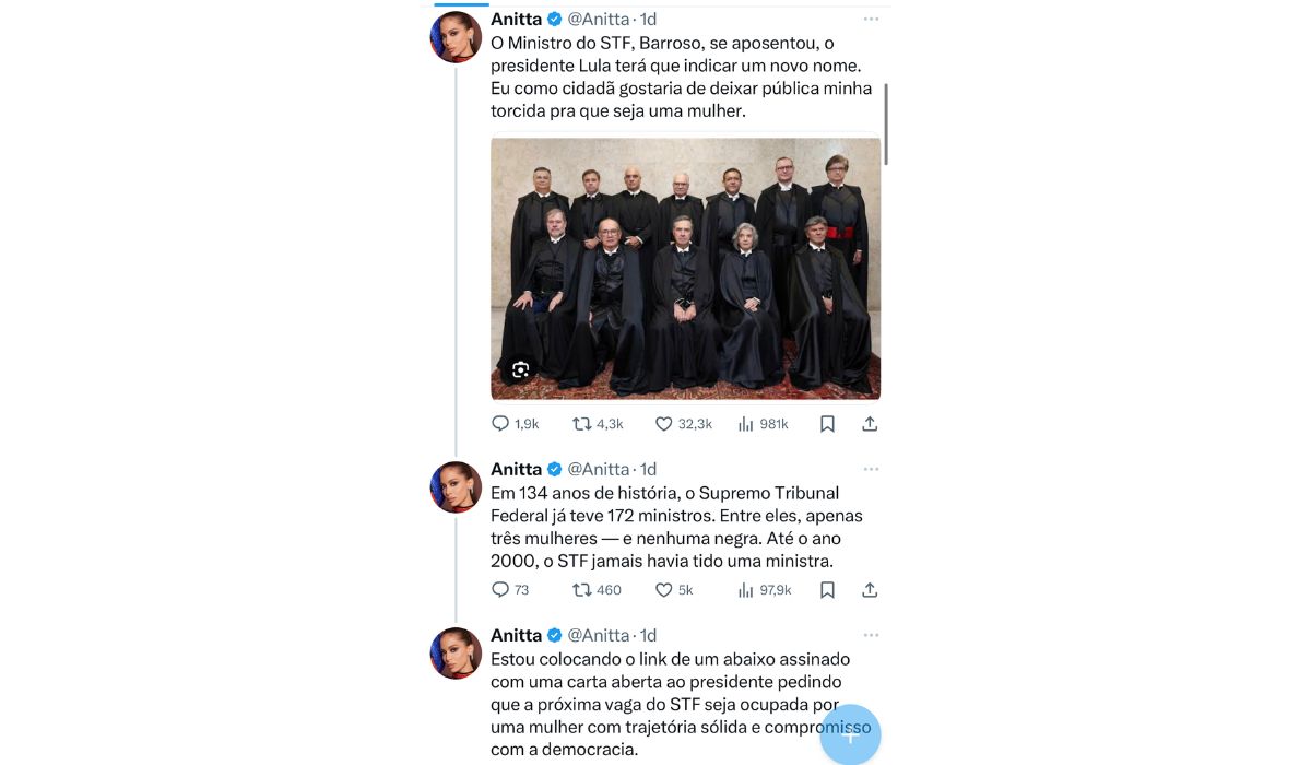 Anitta destaca desigualdade de gênero no STFFoto: Reprodução @Anitta/X