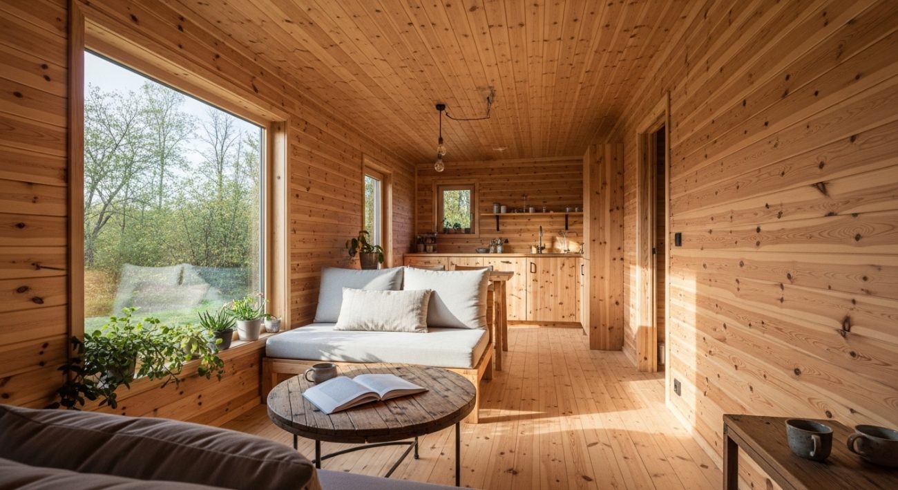 Interior de casa pré-fabricada todo revestido em madeira clara, com sala integrada à cozinha, sofá com almofadas, mesa de centro rústica e janelas amplas com vista para a natureza