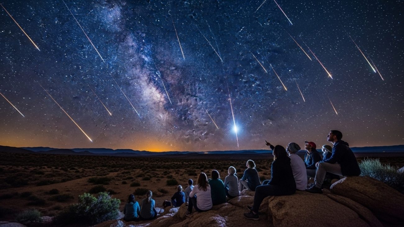 Grupo de pessoas observando chuva de meteoros no dia 21 de outubro sob um céu estrelado com a Via Láctea visível, ideal para quem busca imagens da chuva de meteoros nesse dia especial.
