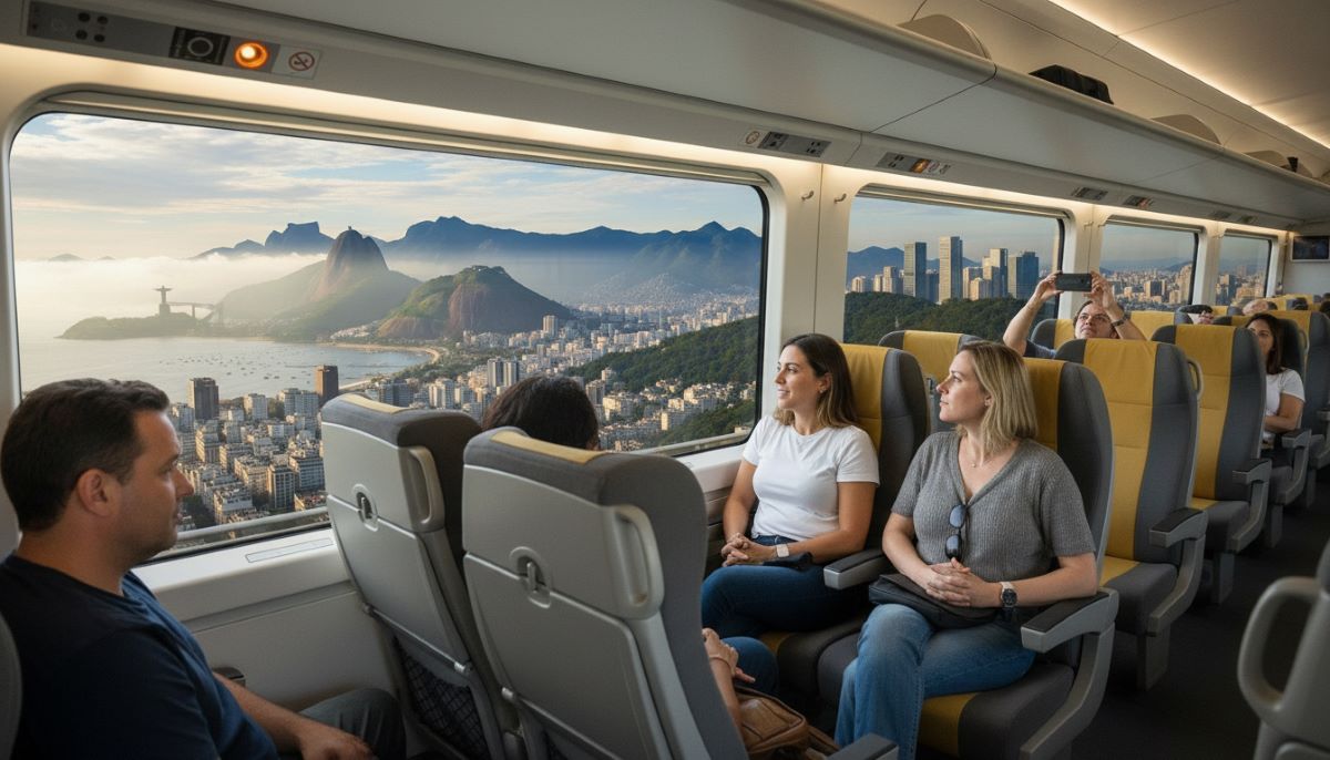 Imagem ilustrativa gerada por IA de passageiros no trem-bala SP-RJ