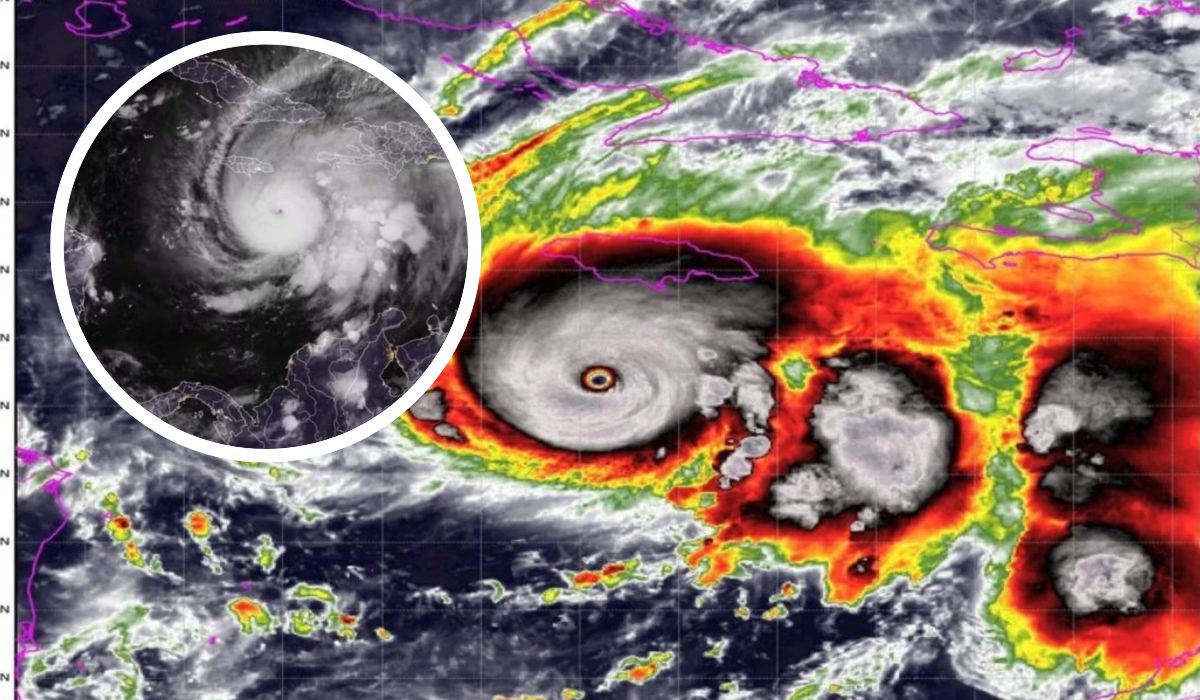 Imagem de um satélite exibindo um furacão em formação com cones de chuva e circulação de nuvens, destacando a intensidade do evento climático.