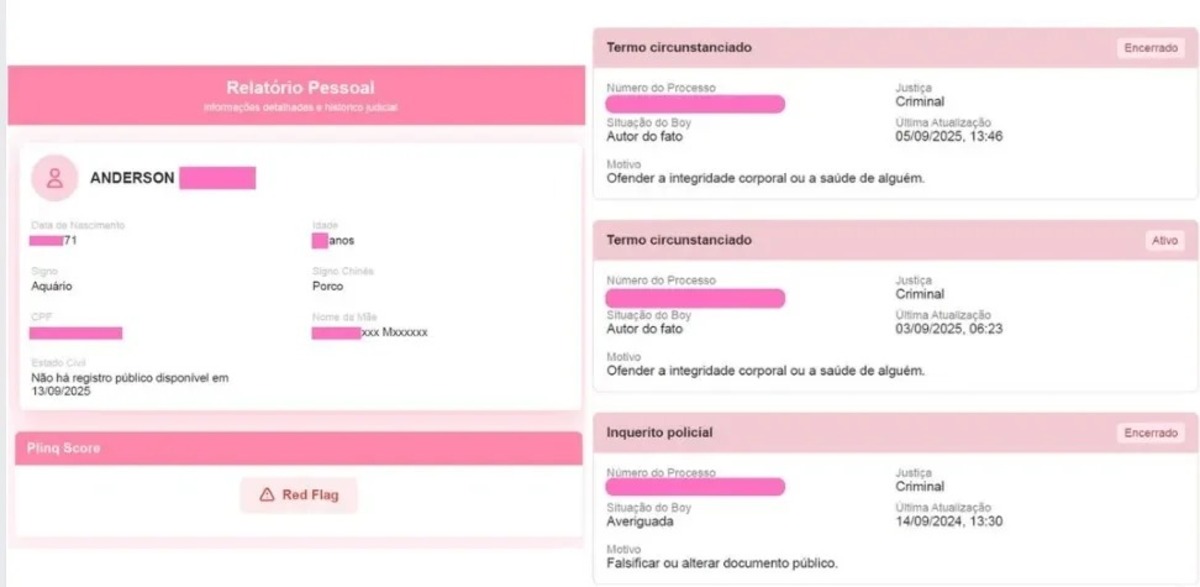 O aplicativo utiliza dados públicos de tribunais e registros oficiais, sem acessar sistemas privados ou sigilosos