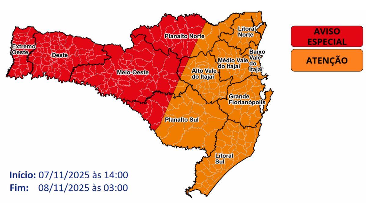 Alerta é válido para esta sexta-feira (7) e sábado (8)Foto: Defesa Civil/Divulgação/ND