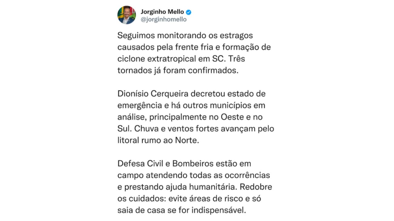Comunicado oficial do governador Jorginho Mello Foto: Jorginho Mello/jorginhomello/Instagram