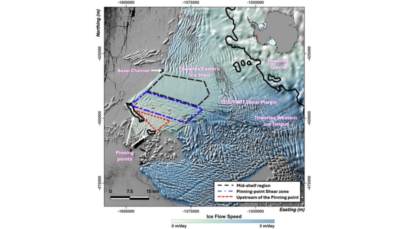 Imagem mostra mapa com riscos na geleira do apocalipse 