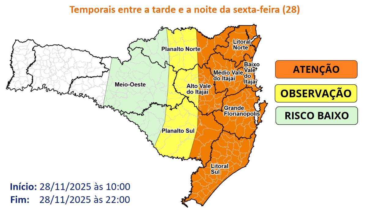 Alerta laranja vale para cidades ao leste catarinense, previsão de temporais isolados, granizo e vento forteFoto: Defesa Civil SC/Divulgação/ND