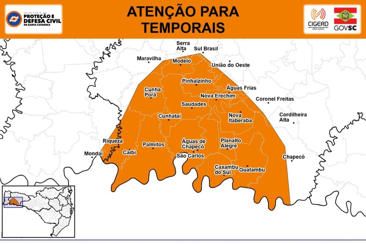 O alerta para granizo abrange 16 municípios do Oeste&nbsp;