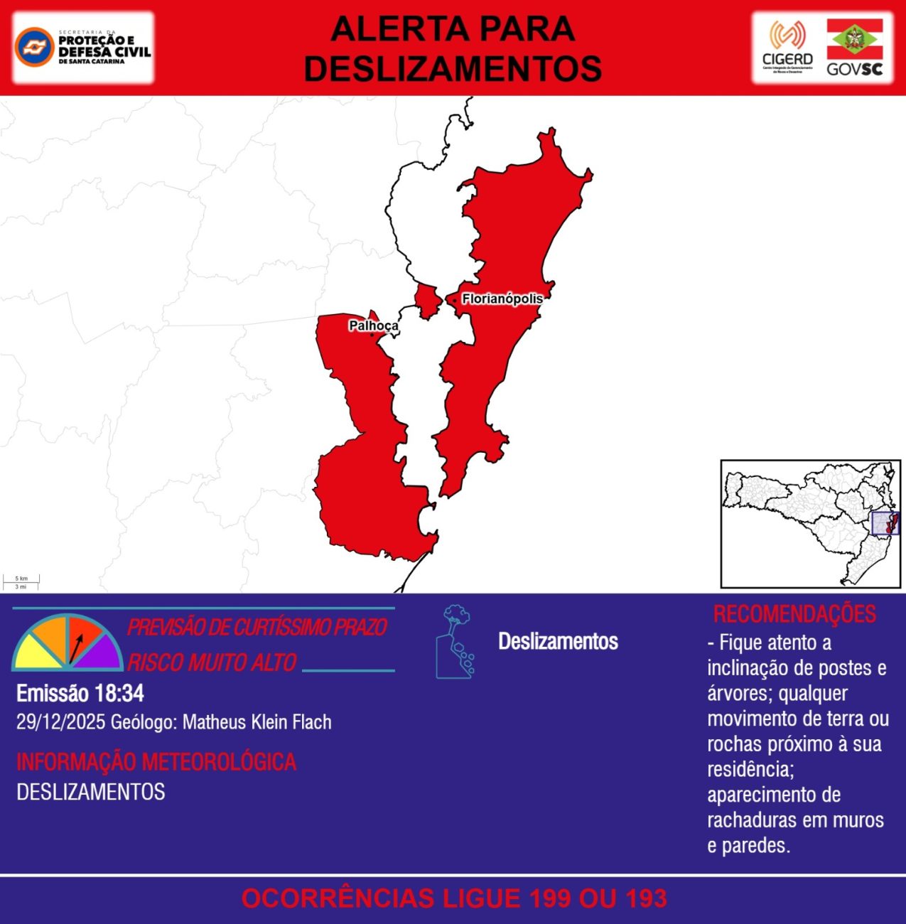 Duas cidades da Grande Florianópolis entram em alerta vermelho para deslizamentosFoto: Defesa Civil de Santa Catarina/ND Mais
