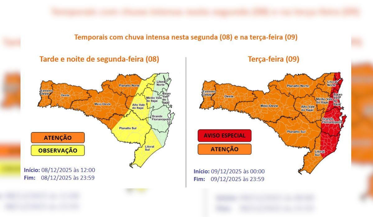 Alerta foi emitido nesta segunda-feira (8)Foto: Reprodução/Defesa Civil de Santa Catarina/ND Mais