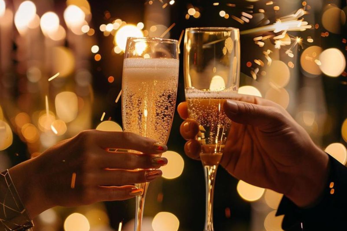 Imagem de pessoas comemorando o ano novo brindando com taças de bebida, ao redor de fogos e brilhos, para relacionar com o fato de que Balneário arroio do Silva vai comemorar a data com um show nacional gratuito