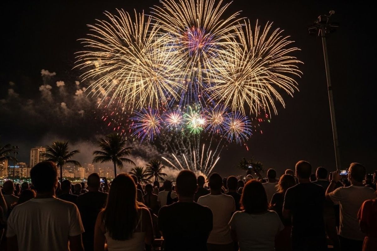 Imagem de pessoas observando uma queima de fogos na praia, vestindo roupa branca, para relacionar com o título: Ano-Novo 2026 promete praias lotadas e festas gigantes no Litoral Sul de SC