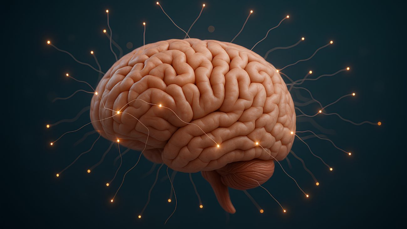 Ilustração de um cérebro humano com conexões neuronais brilhantes, representando a atividade cerebral e potenciais avanços em neurociência.